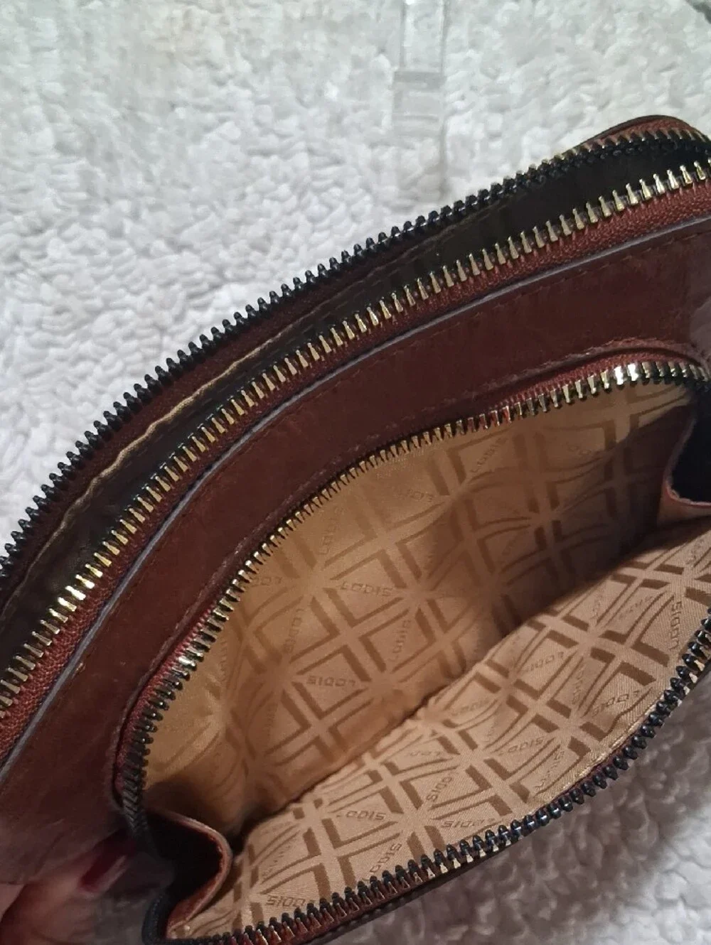Lodis Leather Double Zip Pouch in Brown with Gold Hardware